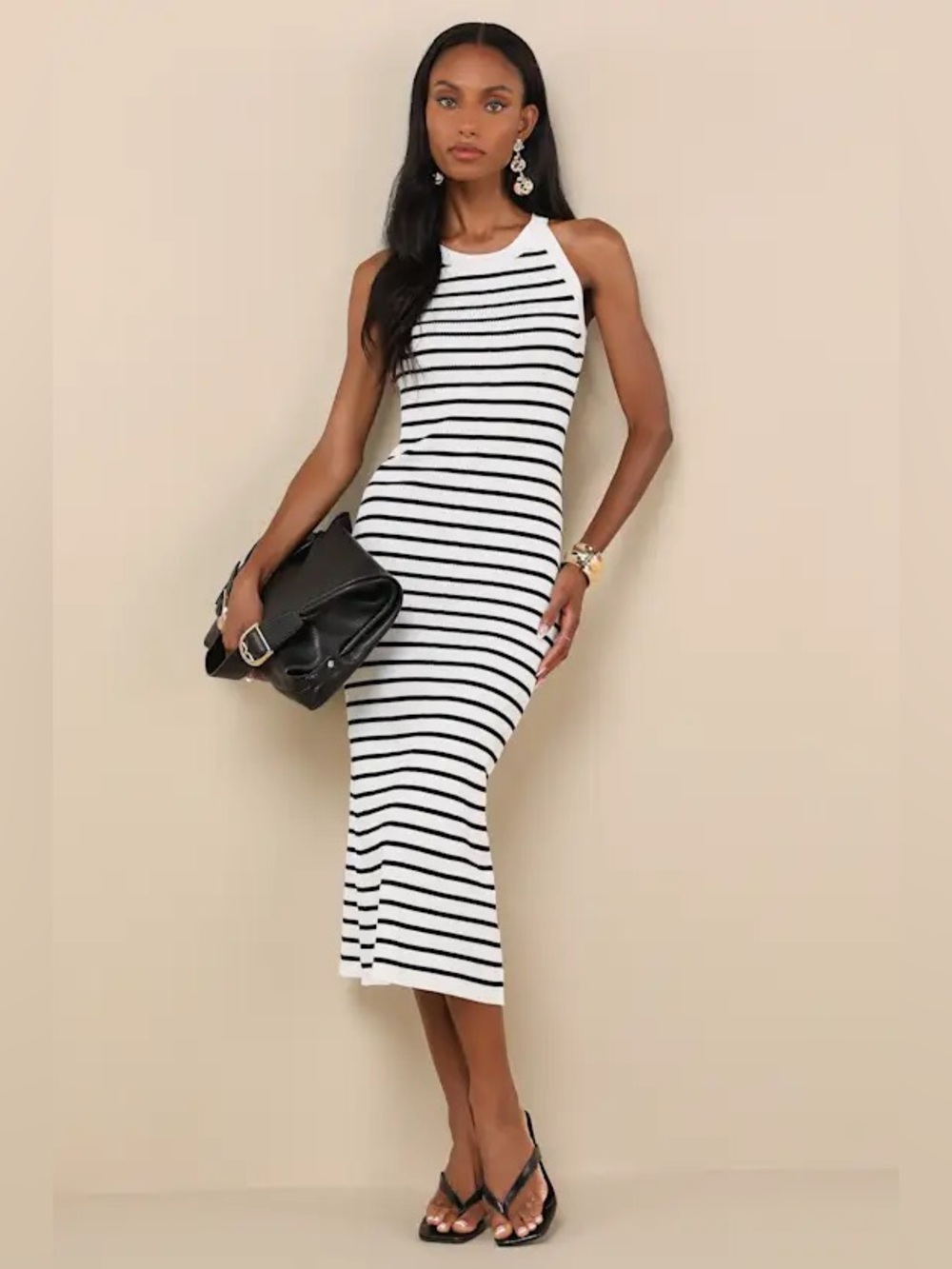 Lulus Tove White Striped Ribbed Knit Bodycon Midi Dress